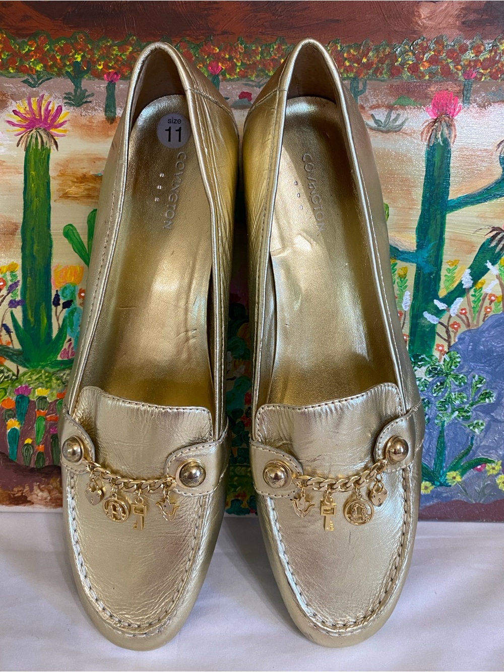 Covington Metallic Gold Charm Chain Leather Loafers,Women’s Size 11M